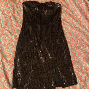 Strapless Sequin Mini Dress with Slit